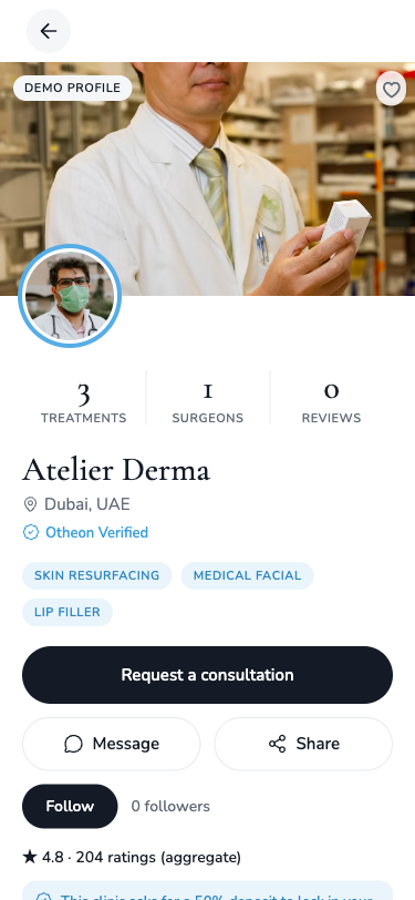 A verified clinic profile with treatments, Request a consultation, Message and Share
