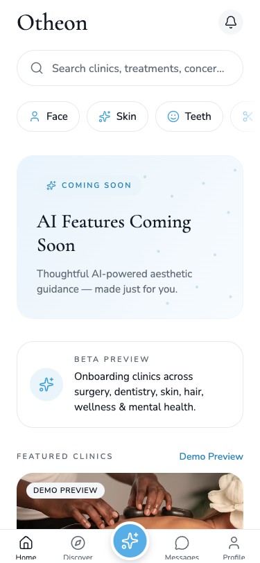 Otheon home screen: search, category pills, an AI features coming soon card and featured clinics