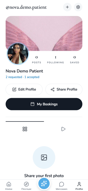 Otheon patient profile with booking status, Edit Profile, Share Profile and My Bookings